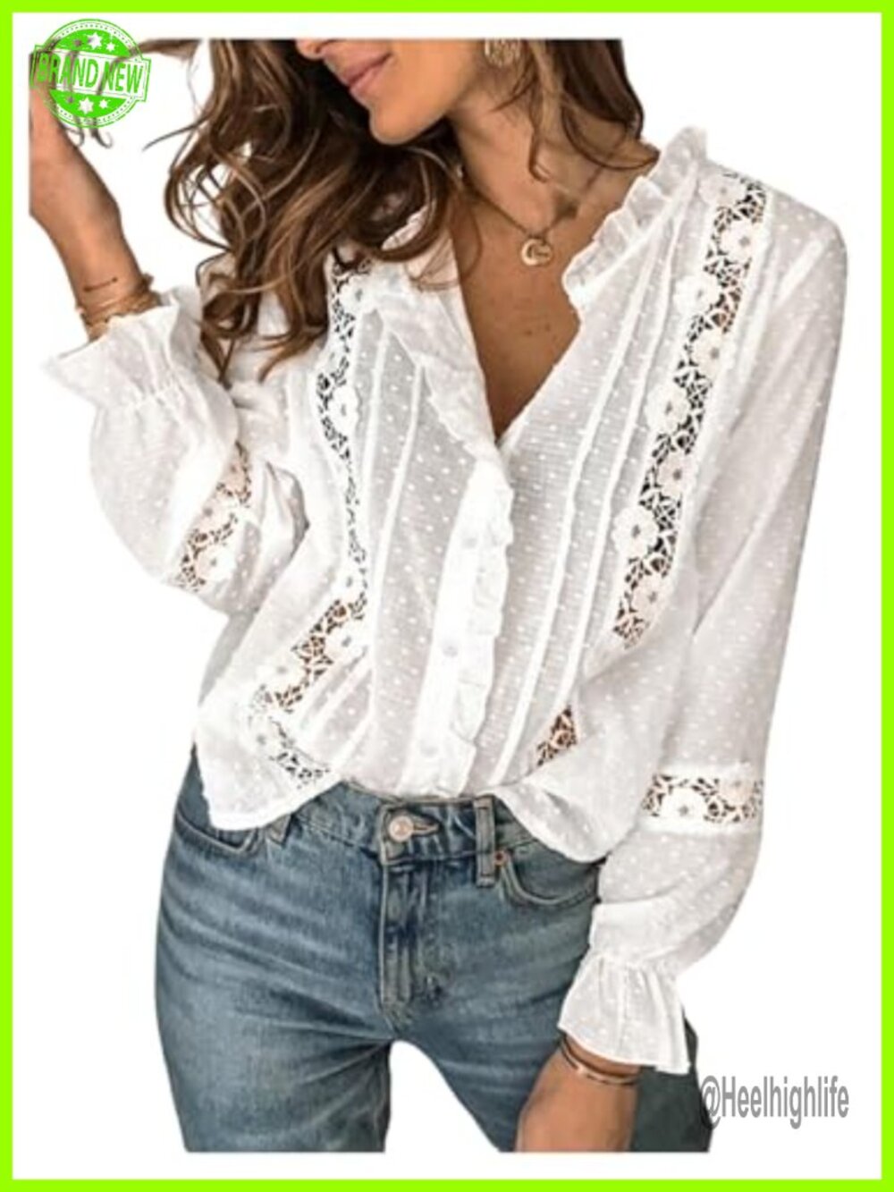Womens Floral Lace Peasant Blouse Ruffle Button Down Long Sleeve